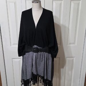 White House Black Market Black and Gray Sweater with Fringe
